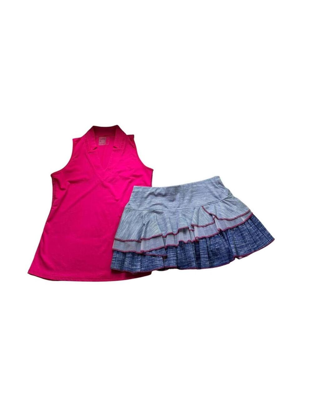 Lucky in Love Pink Tennis Outfit Bundle Top & Ruffle Skort Size Small Pickleball